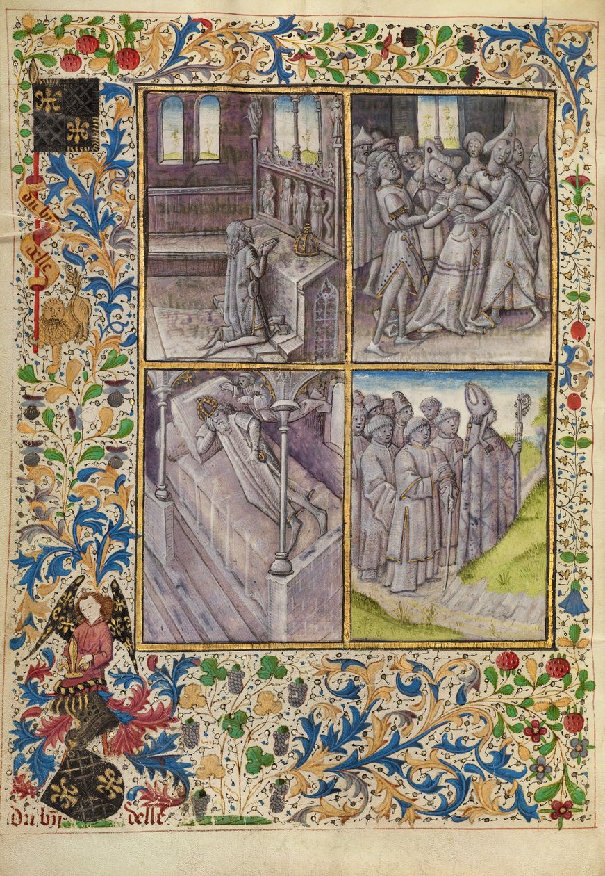 Keisari Konstantinus rukoilee kirkossa; pahojen henkien riivaama Sofia; unen kautta Jumala käskee Konstantinusta etsimään Antoniuksen jäännökset; piispa Theofilos lähtee Egyptiin. tekijältä Master of the Brussels Romuléon