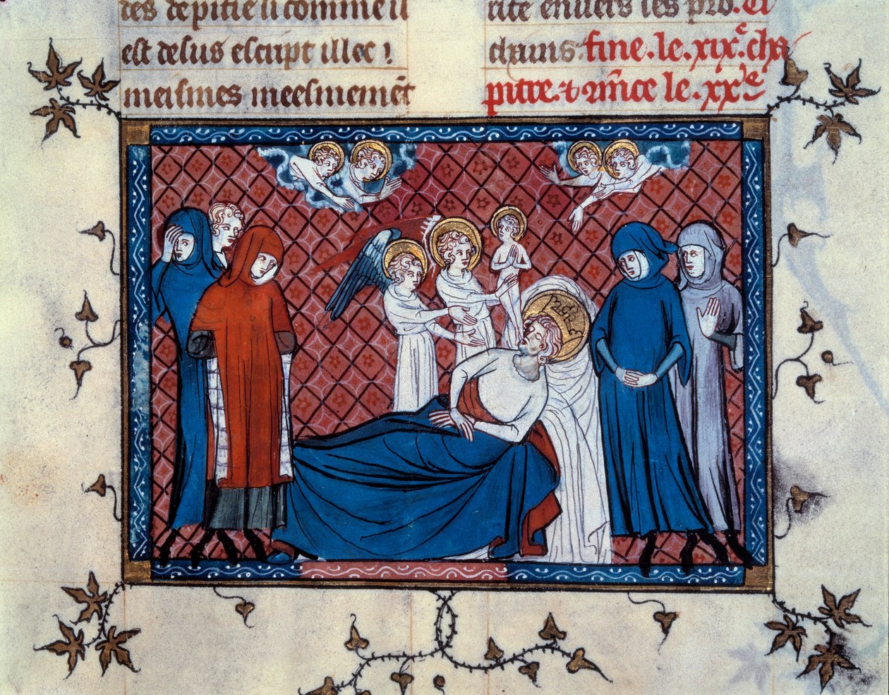 Saint Louisin kuolema Tunisissa 25. elokuuta 1270. Miniatyyri käsikirjoituksesta "Saint Louisin elämä ja ihmeet" (sivu 277), valaistunut Mahiet ja kirjoittanut William Saint-Pathusista tekijältä Master of the Cambrai Missal Mahiet