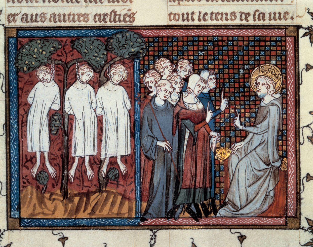 Enguerrand IV de Coucyn määräämät teloitukset. Ludvig IX tekee oikeutta. Mahietin miniatyyri teoksessa "" Saint Louisin elämä ja ihmeet"", Guillaume De Saint Pathusin käsikirjoitus tekijältä Master of the Cambrai Missal Mahiet