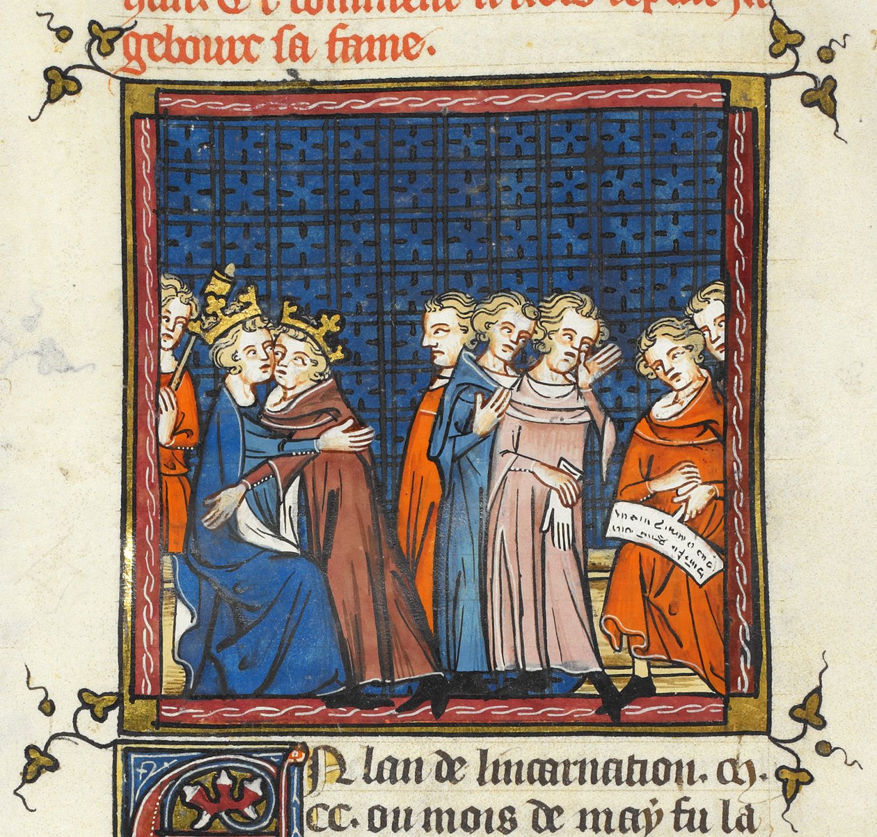 Philip Augustus ja Englannin kuningas Johannes tekevät rauhaa, kuvitus teoksesta "Grandes Chroniques de France ou de St Denis" tekijältä Master of the Cambrai Missal Mahiet
