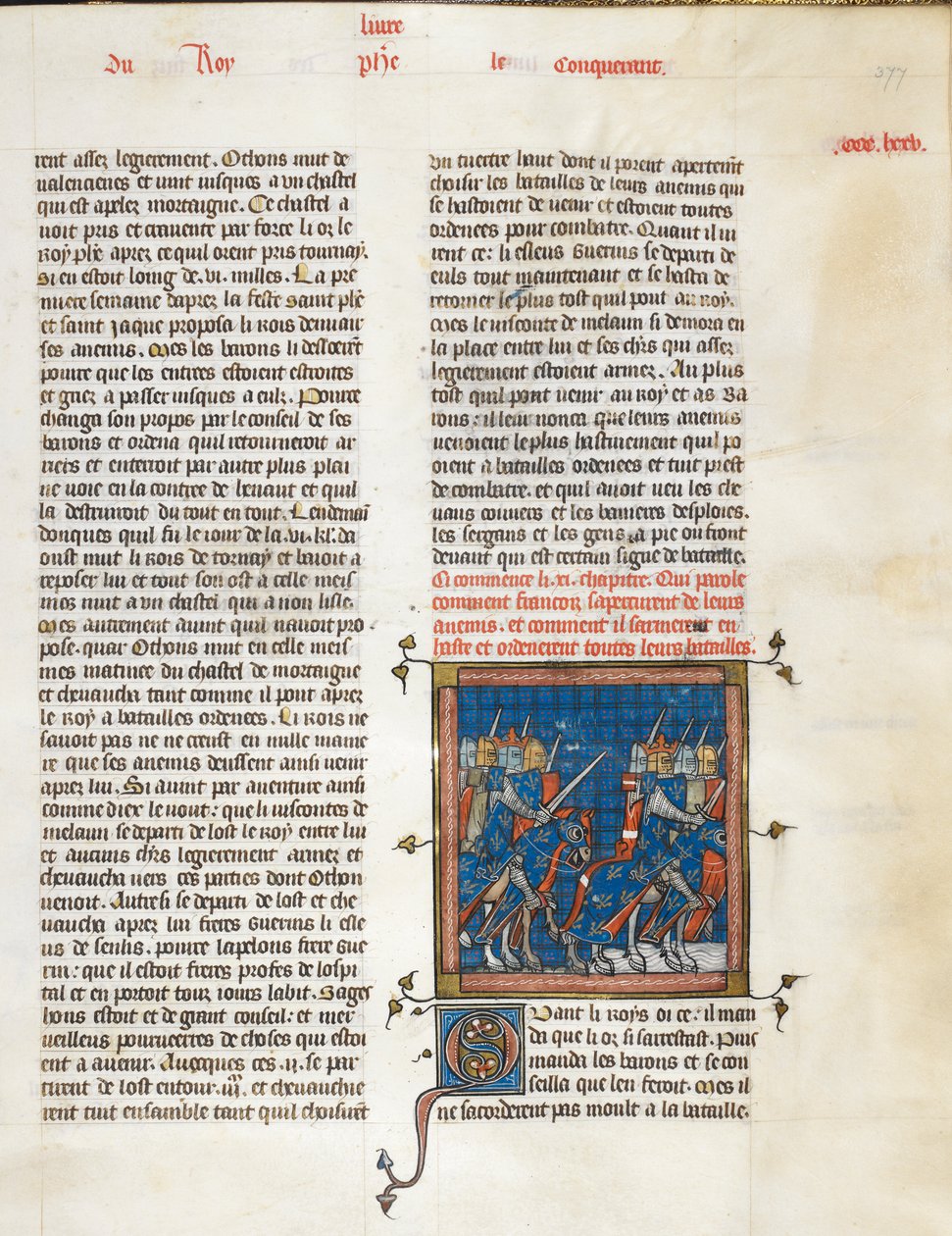 Kuninkaallinen 16 G. VI, f.377 Ranskan armeija marssilla Bouvinesiin, julkaisusta "Les Grandes chroniques de France", n. 1332-1350 (mustetta, väriä ja kultaa perunakalvolla) tekijältä Master of the Cambrai Missal Mahiet