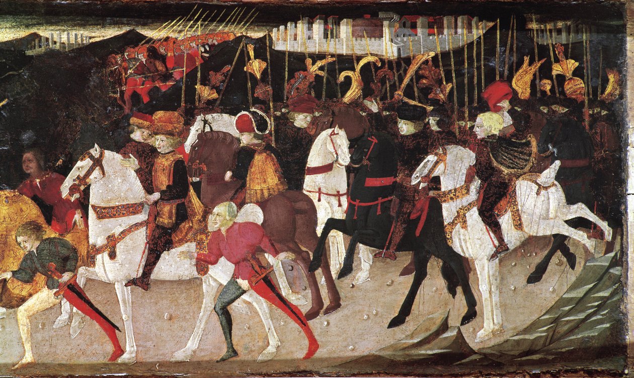Decameron de Boccaccio (Jean Boccaccio): tarina Babylonin sulttaanin Beminedabin tyttärestä Alatielista, ratsumiehiä ja sivuja edustava yksityiskohta (Babylonin sulttaanin Beminedabin tyttären Alatielin tarina, ratsastajat ja sivut) (toisen päivän 7. uutin tekijältä Master of the Cassoni