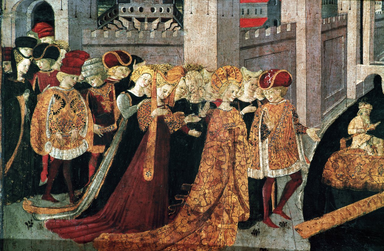 Decameron de Boccaccio (Jean Boccaccio): Chatelain Pericone toivottaa tervetulleeksi Alatielin, Babylonin sulttaanin Beminedabin tyttären ja hänen sviittinsä Mallorcan saarella (Pericone da Visalgo toivottaa tervetulleeksi Babylonin sulttaanin Beminedabin  tekijältä Master of the Cassoni