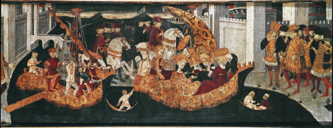 Decameron de Boccaccio (Jean Boccaccio): Chatelain Pericone toivottaa tervetulleeksi Alatielin, Babylonin sulttaanin Beminedabin tyttären ja hänen sviittinsä Mallorcan saarella (Pericone da Visalgo toivottaa tervetulleeksi Babylonin sulttaanin Beminedabin  tekijältä Master of the Cassoni