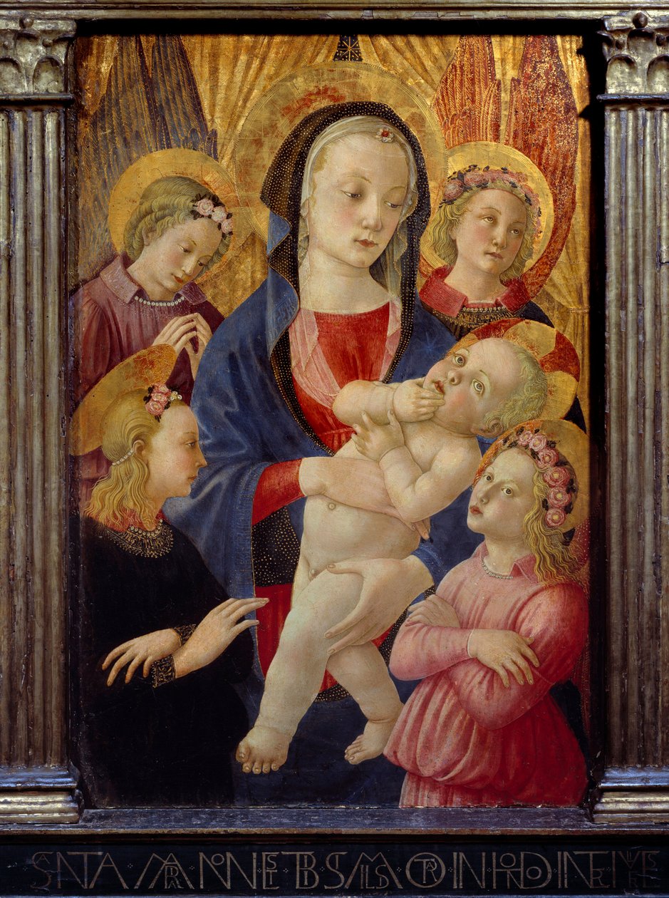 Neitsyt ja lapsi neljän enkelin ympäröimänä. Maalaus Castellon syntymän mestarista Ec. Ital. tekijältä Master of the Castello Nativity