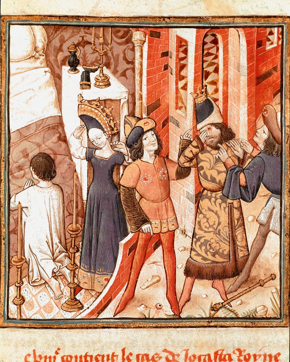 Legenda Jocastesta, Theban kuningattaresta. Oidipus, sokea, tajuttuaan tappaa oman isänsä Naisten mestarin pienoismalli (1400-luku) Giovanni Boccaccion (Jean Boccaccio) (1313-1375) käsikirjoituksesta "" Des hommes illustres"". 15 tekijältä Master of the Champion des Dames