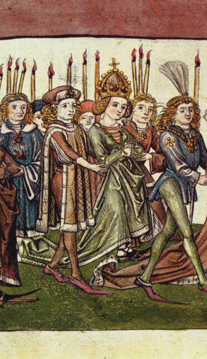 Luxemburgin kuningatar Elisabet. Yksityiskohta Richentalin kuvitetusta kronikasta, n. 1440 tekijältä Master of the Chronicle of the