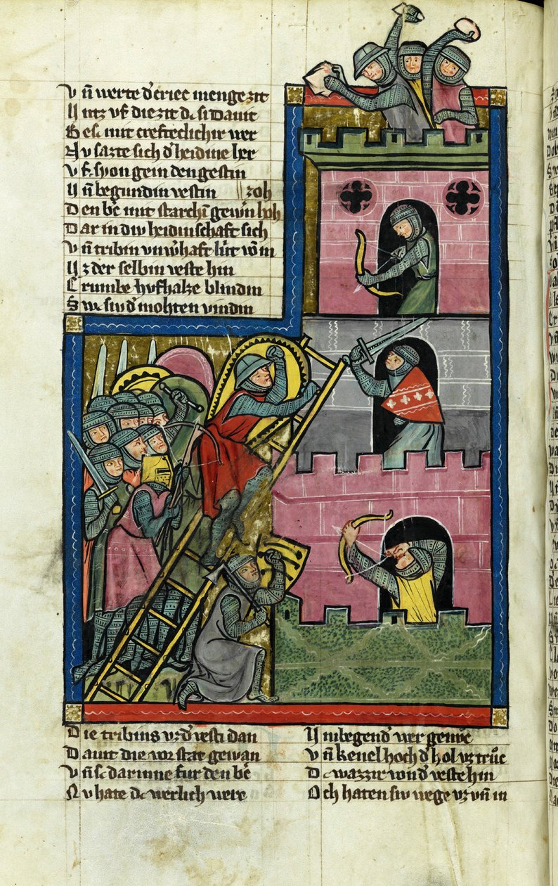 Linnan ottaminen Jerusalemissa (Rudolf von Emsin kirjoittamasta Maailman kronikasta (Weltchronik)) - Maailman kronikan mestari (Weltchronik) (voimassa noin 1300) - n. 1300 - Vesiväri pergamentille - Kantonsbibliothek St. Gallen tekijältä Master of the Chronicle of the World