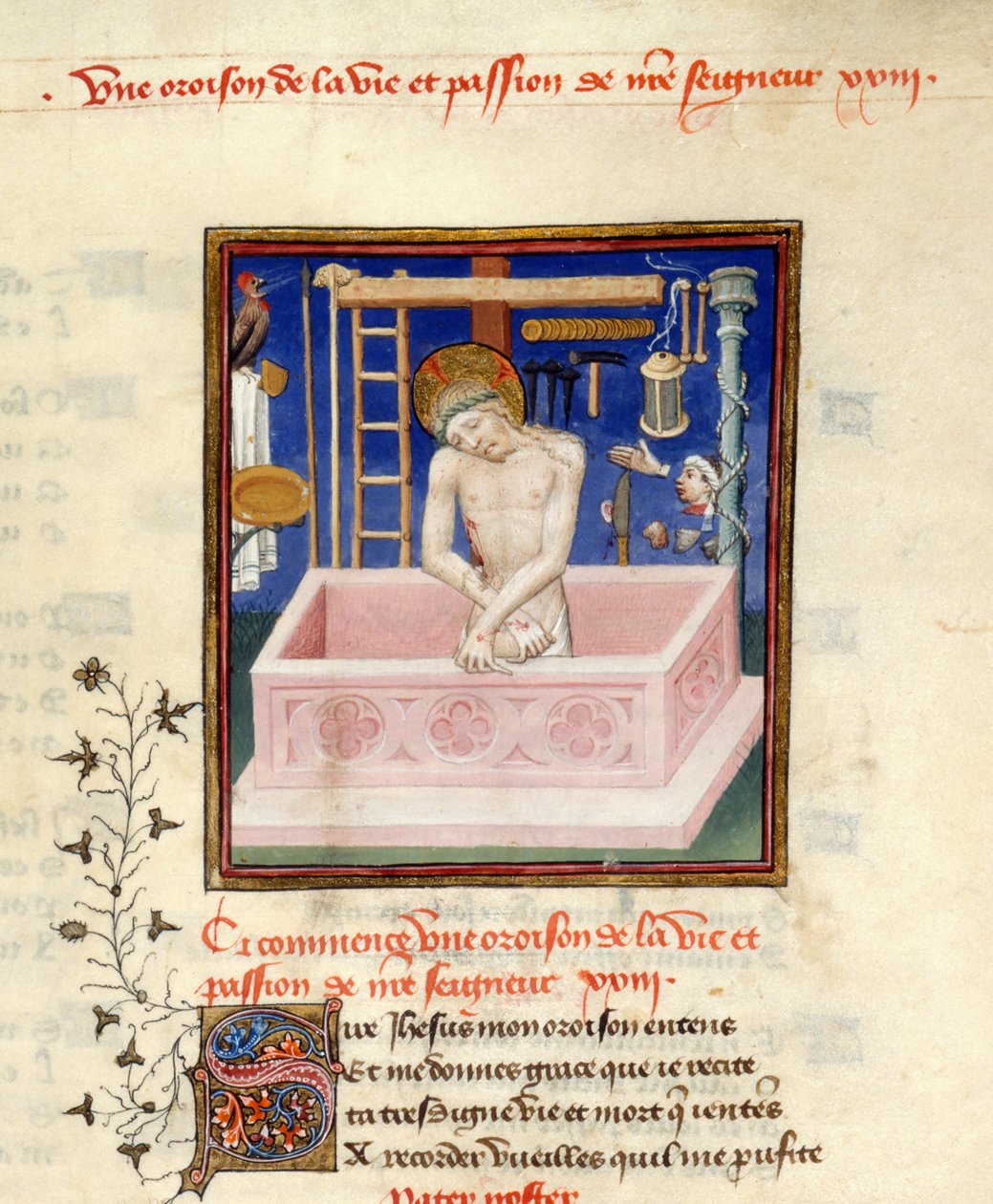 Yksityiskohta pienoiskuvasta Kristuksesta surujen miehenä Kristuksen rukouksen alussa, Harley 4431, f.257, julkaisusta Collected Works of Christine de Pisan tekijältä Master of the Cité des Dames