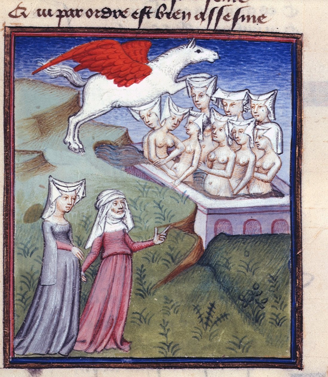 Harl 4431 fol.183 Yhdeksän muusan kylpemistä, Christine de Pisanin kokoelmista teoksista tekijältä Master of the Cité des Dames
