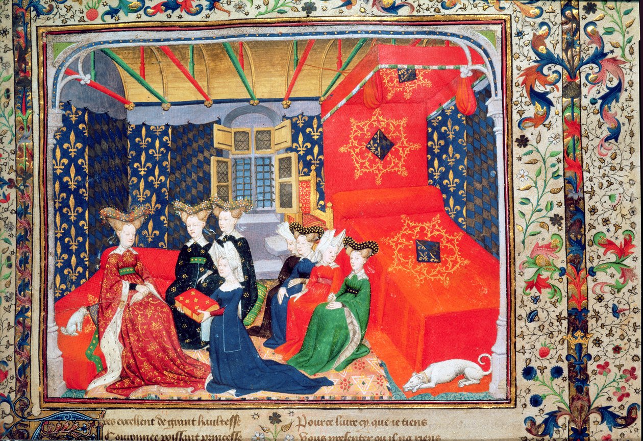 Harl 4431 fol.3 Christine de Pisan esittelemässä kirjaansa Baijerin kuningatar Isabellalle, Christine de Pisanin runoista, n. 1410-1415 (vellum) tekijältä Master of the Cité des Dames