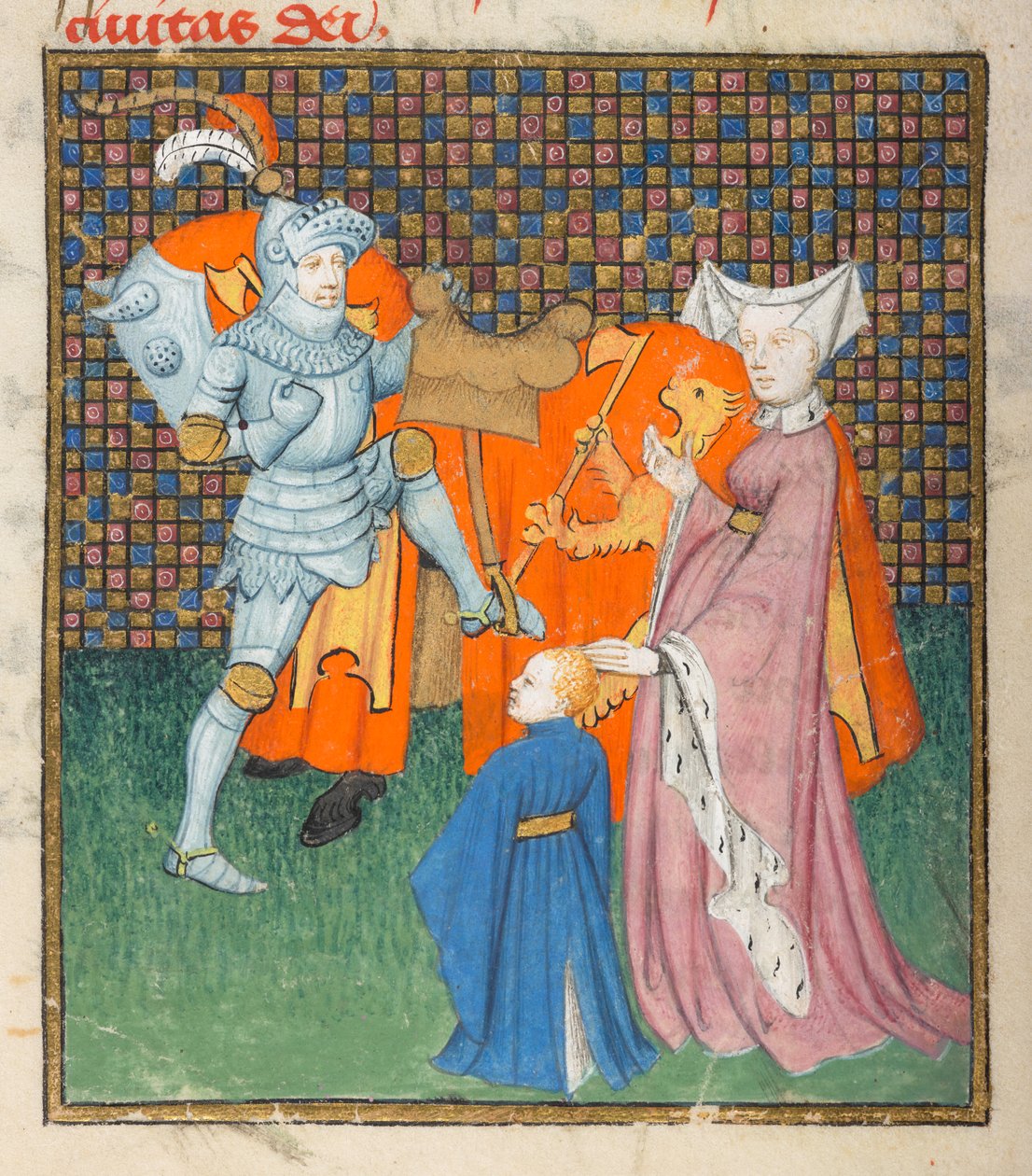 Harley 4431, f.135v Yksityiskohta Hectorista ja Andromachesta, Christine de Pizanin (vellum) "Kuningattaren kirjasta" tekijältä Master of the Cité des Dames