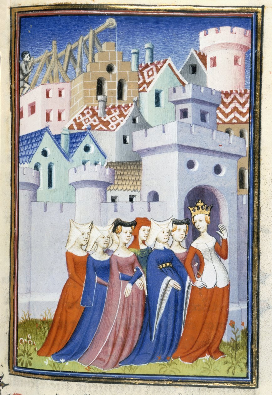 Harley 4431, f.323 Oikeus astuu Ladiesin kaupunkiin Christine de Pisanin Le Livre de la Cité des Damesista tekijältä Master of the Cité des Dames