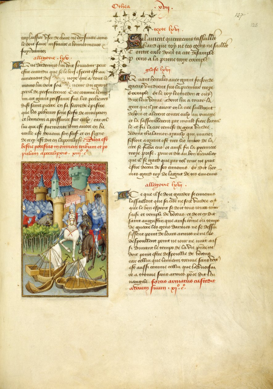 Harley 4431, fol.125, Telamonin armeija saapuu Troijaan, artikkelista Collected Works of Christine de Pisan tekijältä Master of the Cité des Dames