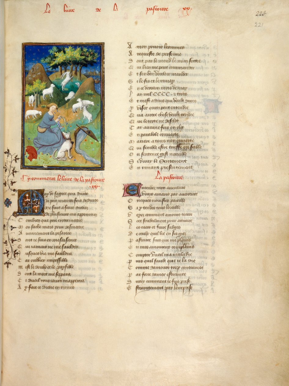 Harley 4431, fol.221 Paimentar tarkkailee laumaansa, Le Dit de la Pastouresta, kokoelmasta "Christine de Pisanin kerätyt teokset" 1410-11 (vellum) tekijältä Master of the Cité des Dames