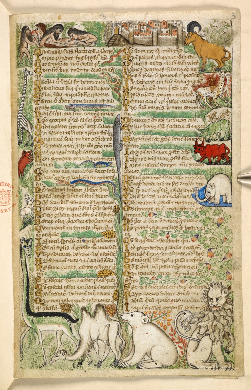 Lisätä. 28841, f.3: Kannibaalit, muurien ympäröimä kaupunki ja eksoottisia eläimiä, mukaan lukien kirahvi, leijona, kameli ja norsu, tutkielmasta hyveistä ja paheista ja nimettömästä Sisilian proosahistoriasta (katkelma), n. 1330- 40 (vellum) tekijältä Master of the Cocharelli Codex