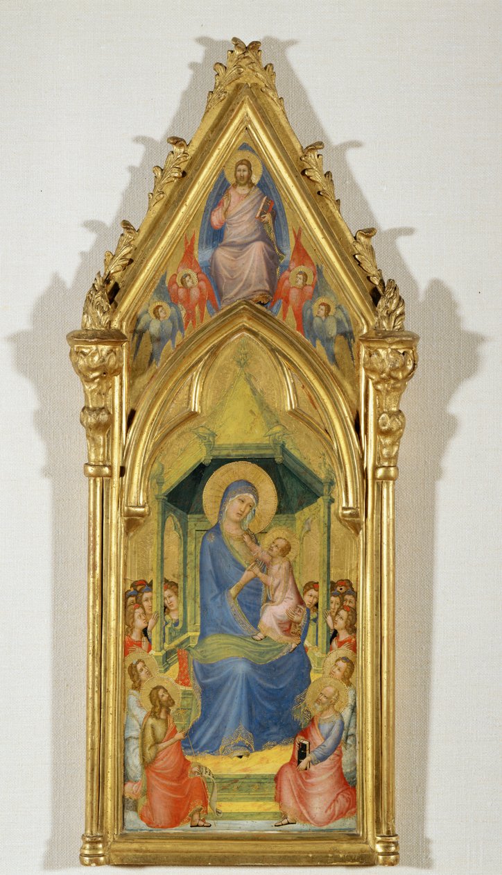 Madonna valtaistuimella kahden enkelin, Johannes Kastajan ja Pietarin, välillä (maalaus puulle) tekijältä Master of the Codex of Saint George