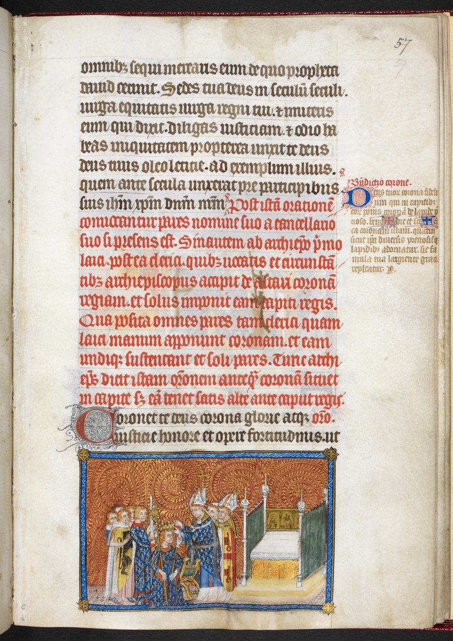 Puuvilla Tiberius B.VIII f.59 Reimsin arkkipiispa asettamassa kruunun kuninkaan päähän, "Ranskan kuninkaan Kaarle V:n kruunauskirjasta" tekijältä Master of the Coronation Book of Charles V