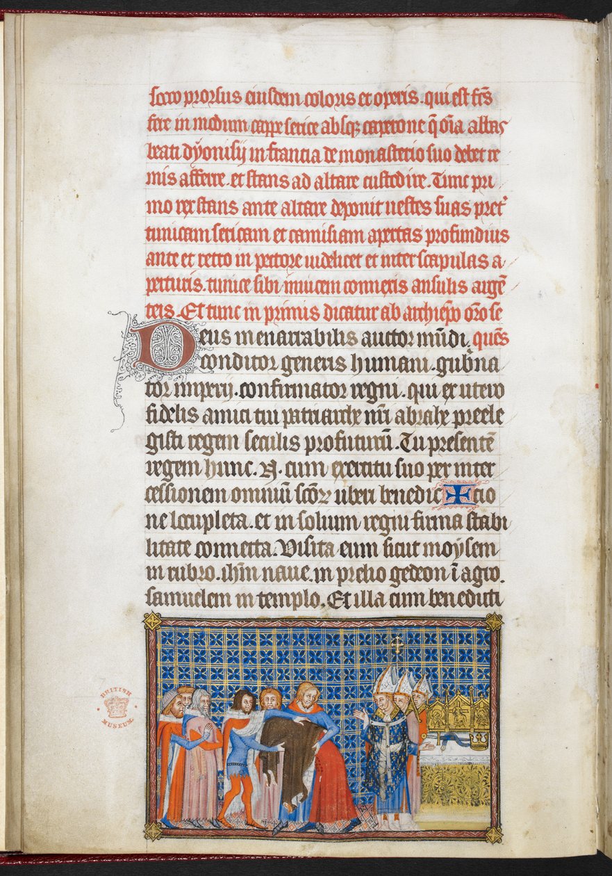 Puuvilla Tiberius B. VIII f.47v Kuningas riisumassa päällysvaatteitaan, kuvitus "Ranskan kuninkaan Kaarle V:n kruunauskirjasta" tekijältä Master of the Coronation Book of Charles V