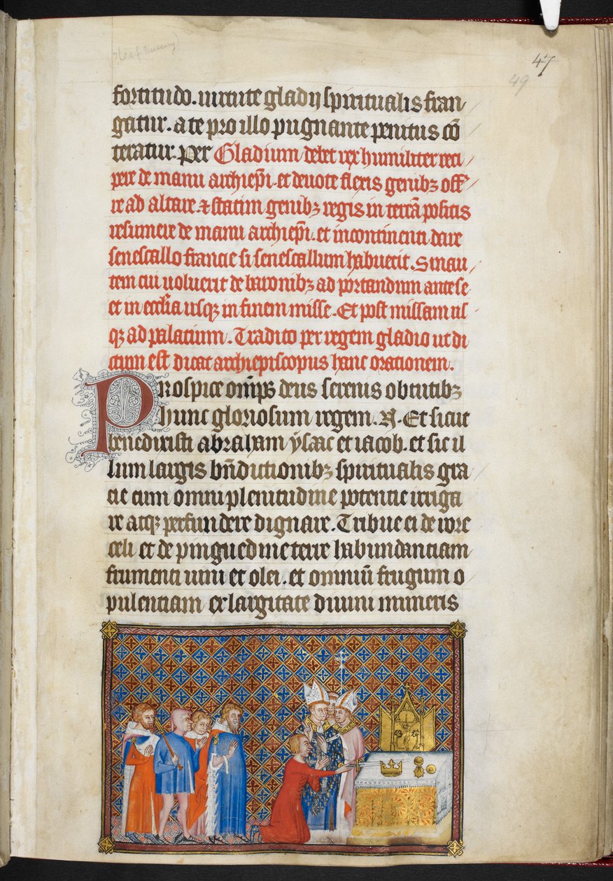 Puuvilla Tiberius B. VIII f.49r Kuningas uhraamassa miekkaa alttarilla, kuvitus 