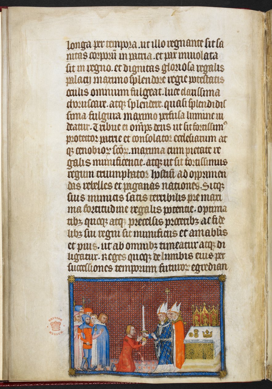 Puuvilla Tiberius B. VIII f.49v Reimsin arkkipiispa palauttaa miekan kuninkaalle, kuvitus 