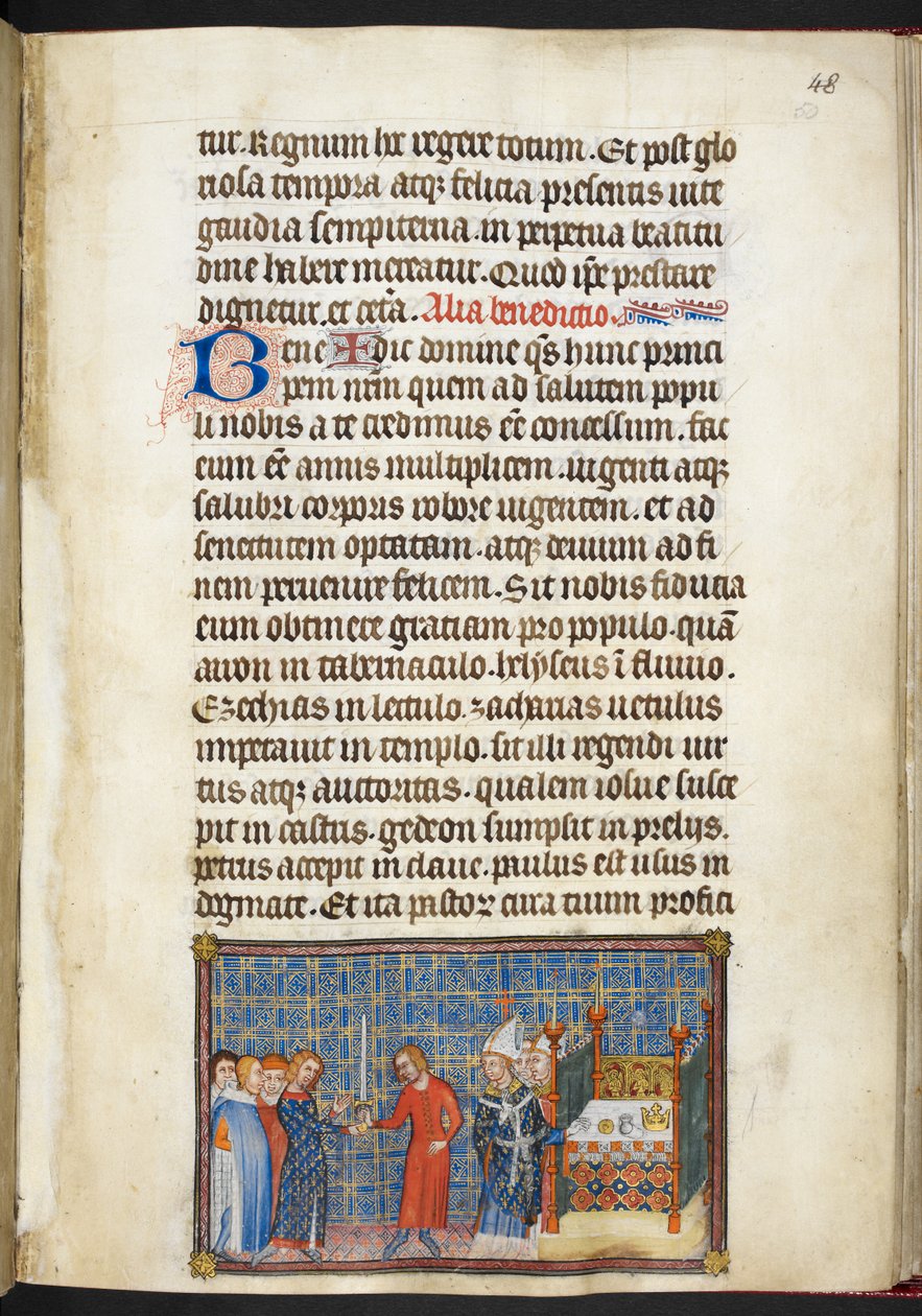 Puuvilla Tiberius B. VIII f.50r Kuningas välittää miekan Seneschalille (Anjoun herttualle), "Ranskan kuninkaan Kaarle V:n kruunauskirjasta" tekijältä Master of the Coronation Book of Charles V