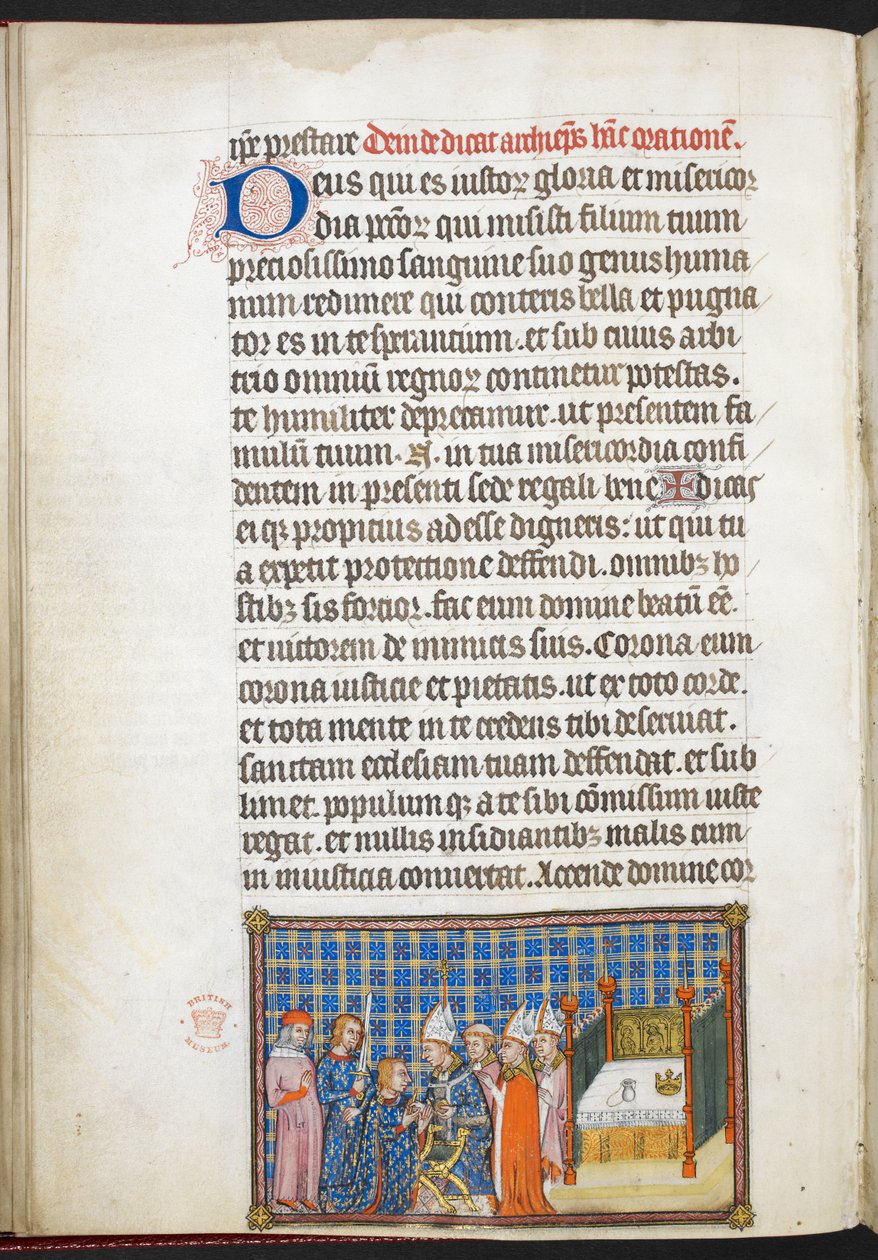 Puuvilla Tiberius B. VIII f.55v Kuningas saa käsien puhdistamisen, "Ranskan kuninkaan Kaarle V:n kruunauskirjasta" tekijältä Master of the Coronation Book of Charles V