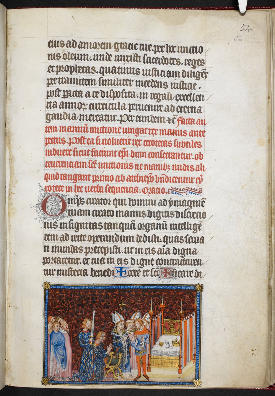 Puuvilla Tiberius B. VIII f.56r Reimsin arkkipiispa kuninkaan käsineiden siunaus, "Ranskan kuninkaan Kaarle V:n kruunauskirjasta" tekijältä Master of the Coronation Book of Charles V