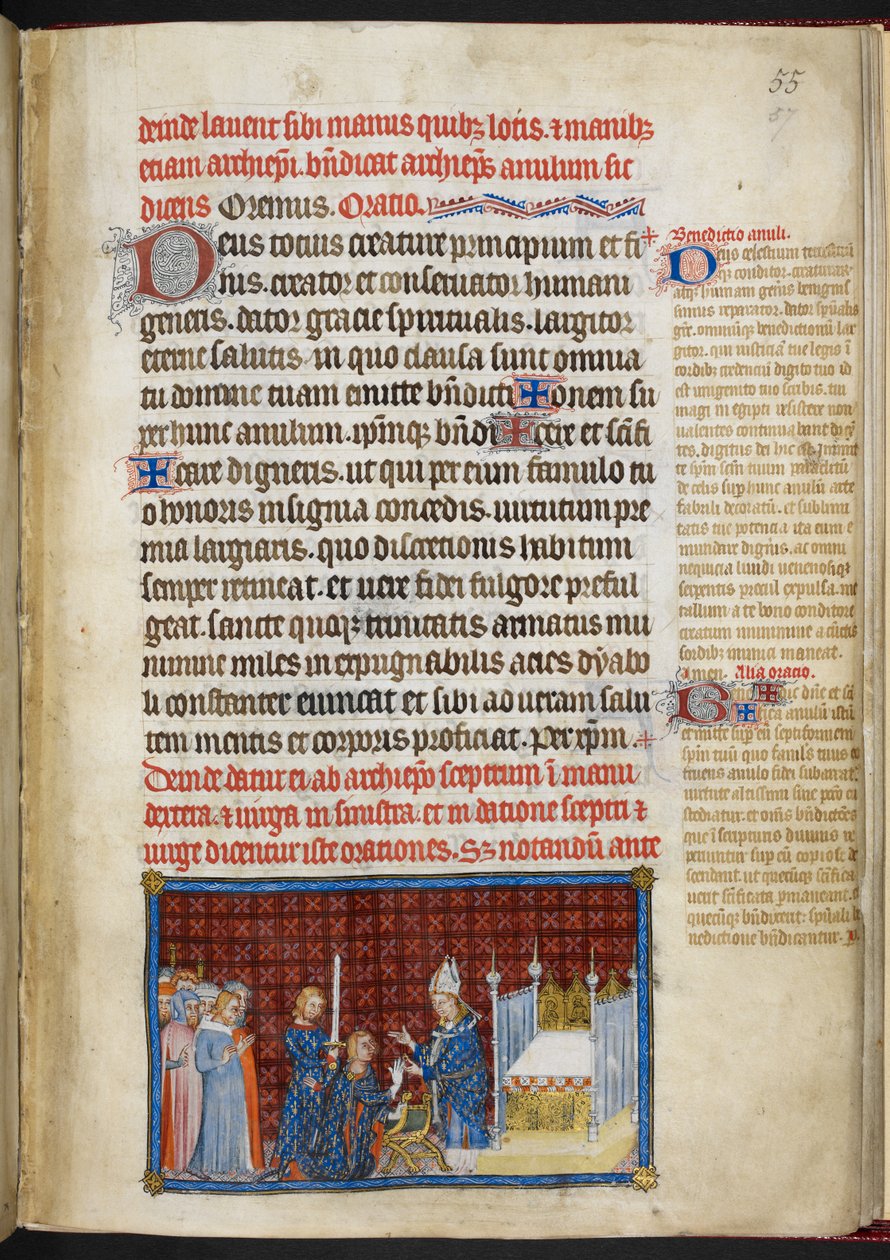 Puuvilla Tiberius B. VIII f.57r Kuningas vastaanottamassa sormuksen 