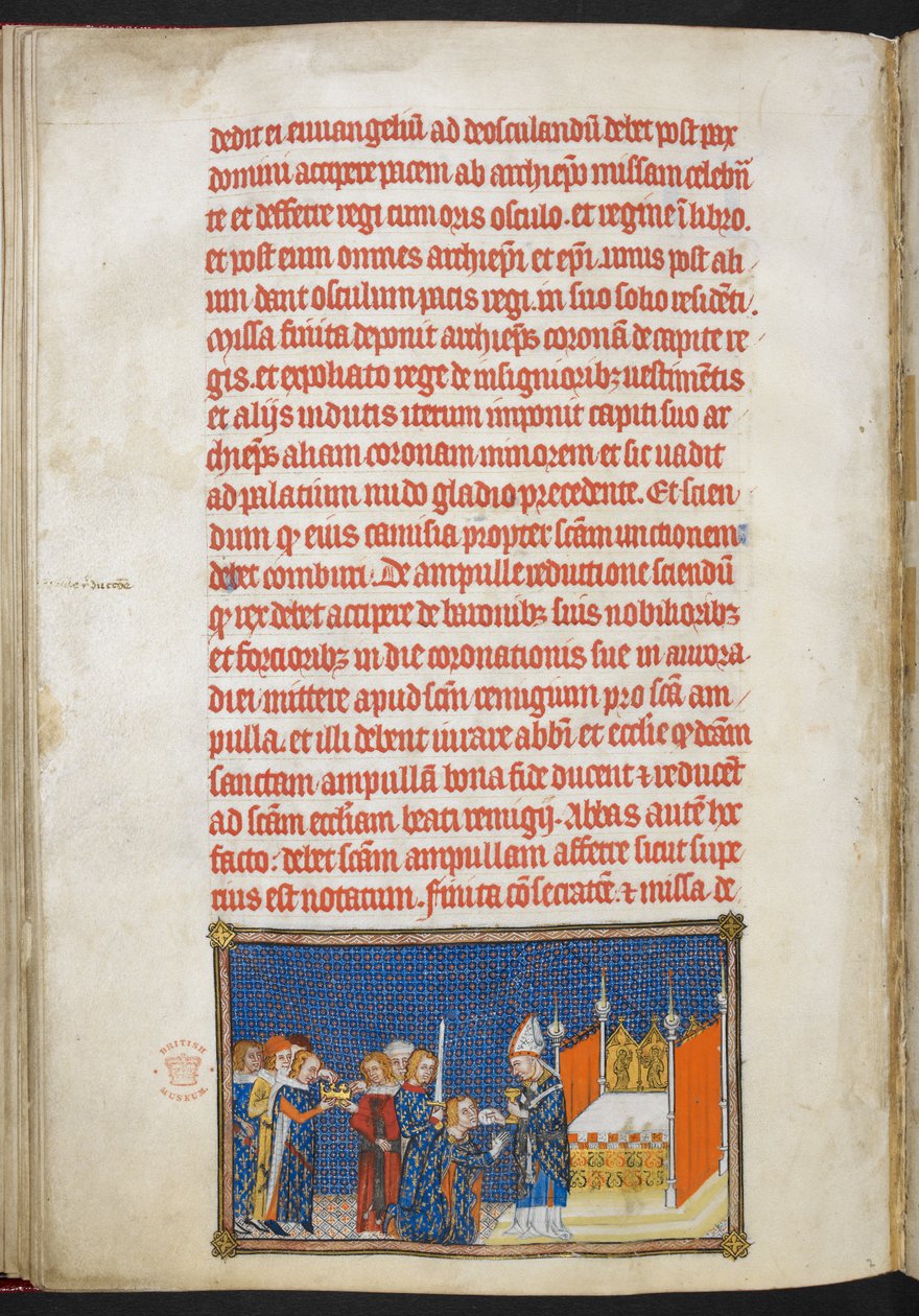 Puuvilla Tiberius B. VIII f.65v Kuningas Kaarle V polvistumassa, kun Rheimsin arkkipiispa laittaa ehtoollisleivän suuhunsa, esimerkki 