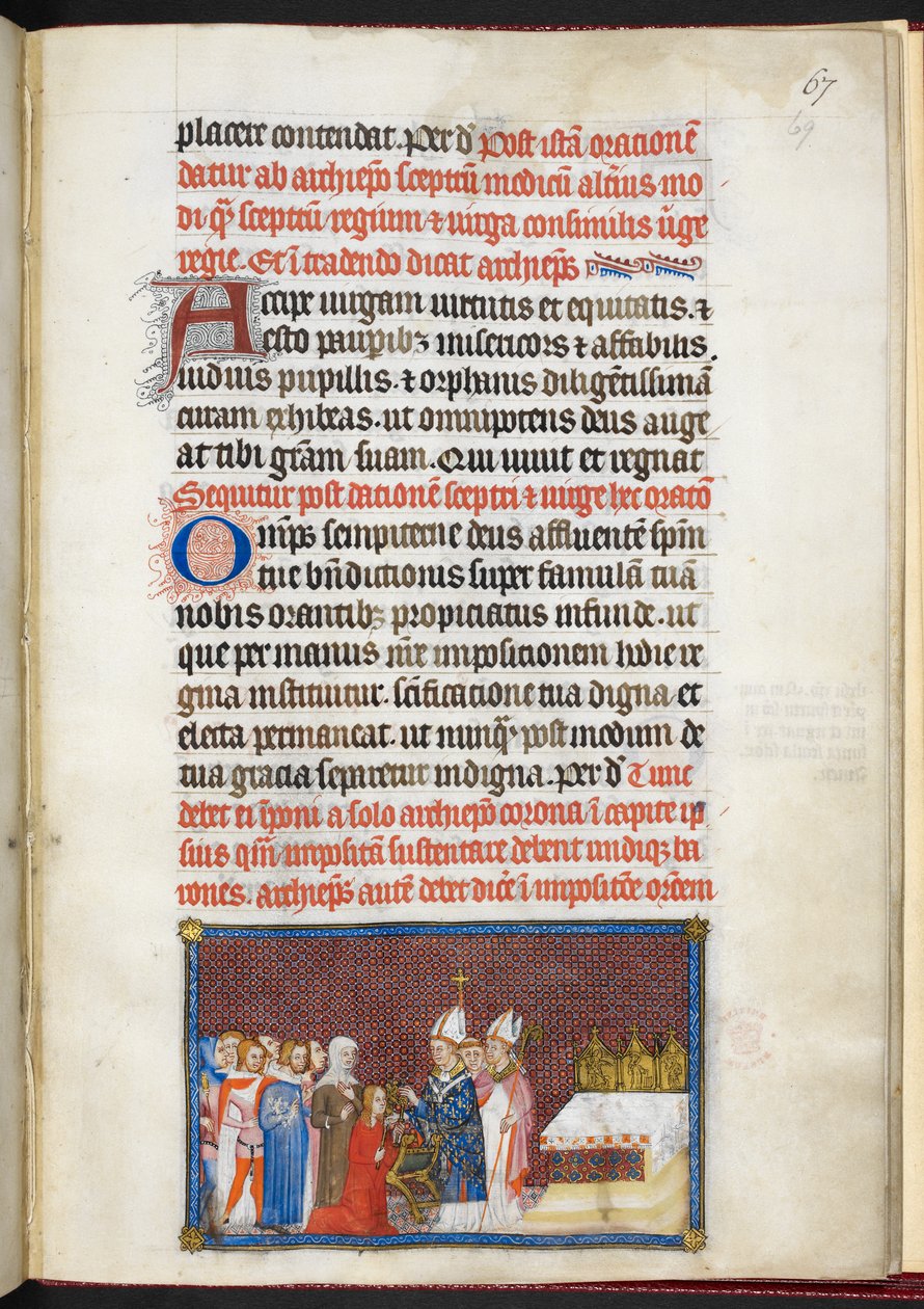 Puuvilla Tiberius B. VIII f.69r Kuningatar vastaanottamassa valtikka ja neitsyt, 