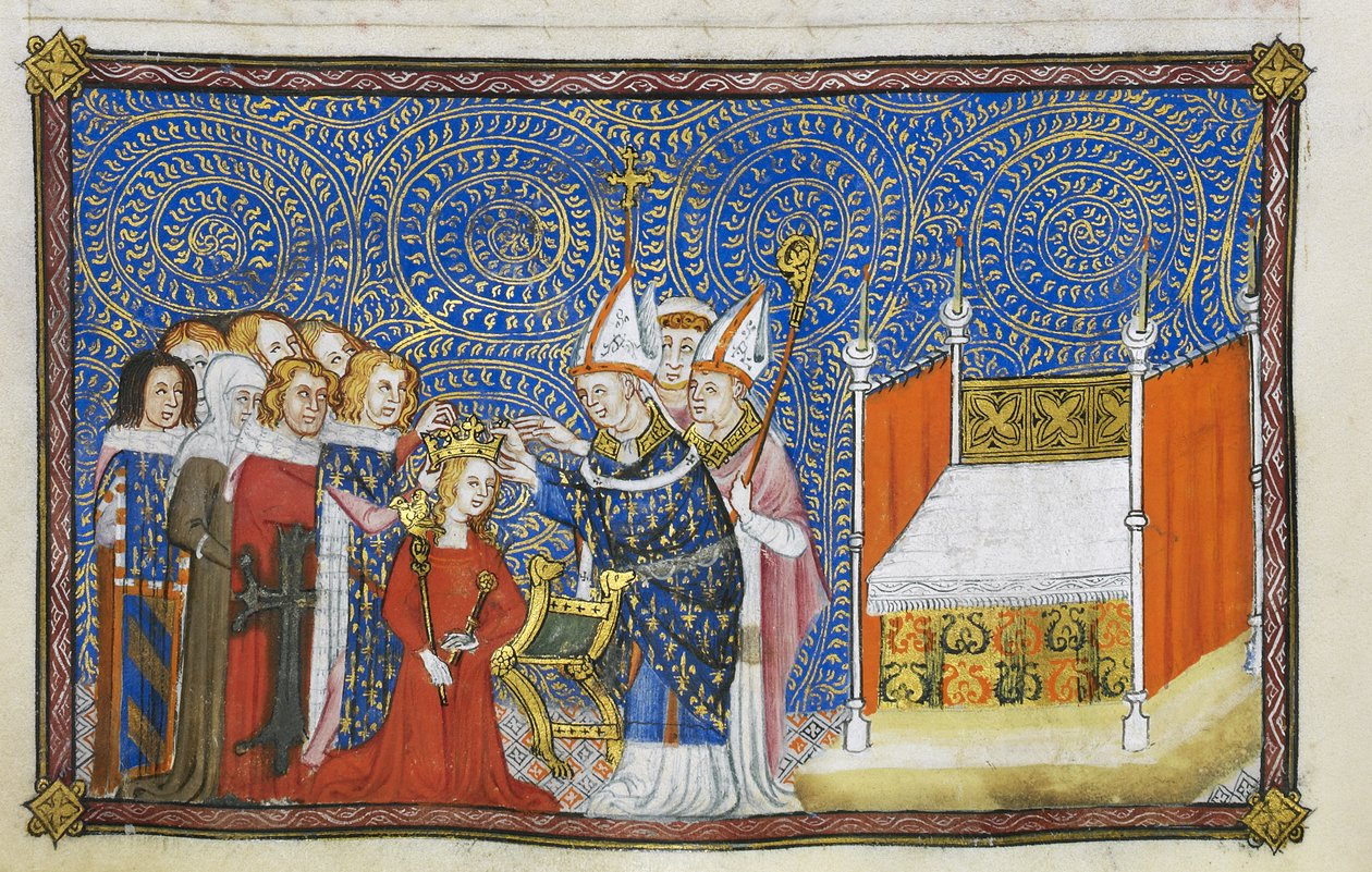 Puuvilla Tiberius B. VIII f.69v Reimsin arkkipiispa asettaa kruunun kuningattaren päähän ja paronit pitävät hänen kruunuaan, kuvitus 