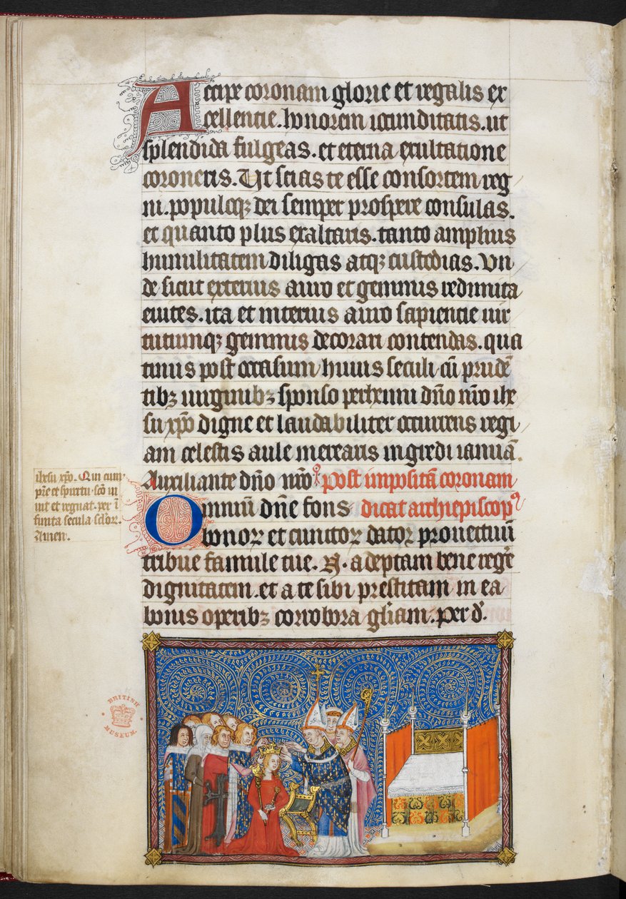 Puuvilla Tiberius B. VIII f.69v Reimsin arkkipiispa asettaa kruunun kuningattaren päähän ja paronit pitävät hänen kruunuaan, kuvitus "Ranskan kuninkaan Kaarle V:n kruunauskirjasta" tekijältä Master of the Coronation Book of Charles V