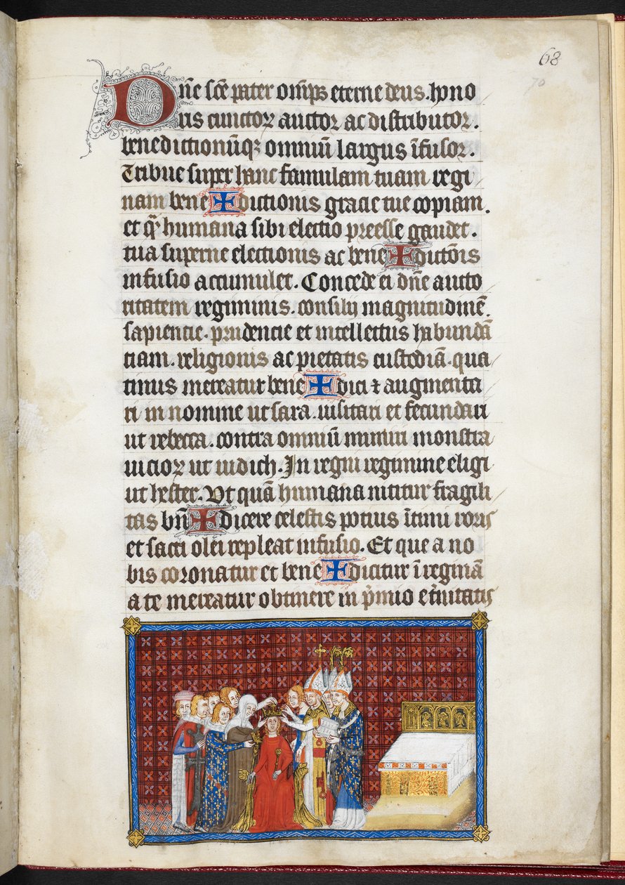 Cotton Tiberius B. VIII f.70r Barons, jotka ylläpitävät kuningattaren kruunua, "Ranskan kuninkaan Kaarle V:n kruunauskirjasta" tekijältä Master of the Coronation Book of Charles V