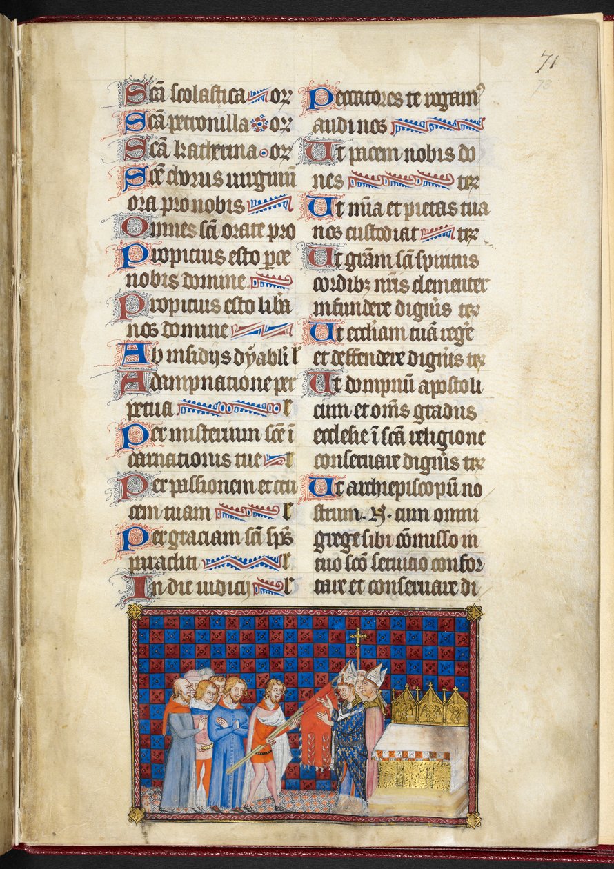 Puuvilla Tiberius B. VIII f.73r, Reimsin arkkipiispa siunaamassa Oriflammia, kuvitus Kaarle V:n, Ranskan kuninkaan, kruunauskirjasta tekijältä Master of the Coronation Book of Charles V