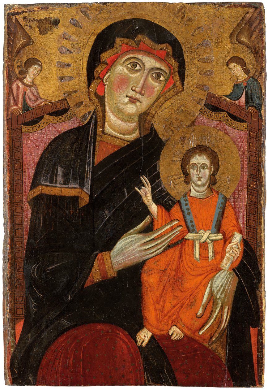 Madonna ja lapsi istuivat valtaistuimella kahden enkelin kanssa tekijältä Master of the Crucifix No. 434