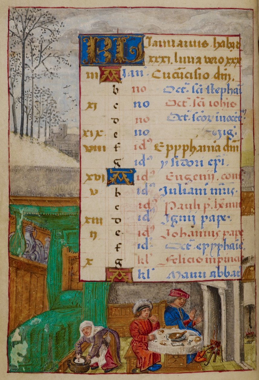 Lisätä. 18852, f.1v kalenterisivu tammikuulle, kuvitus teoksesta "Hours of Joanna of Castile" tekijältä Master of the David Scenes