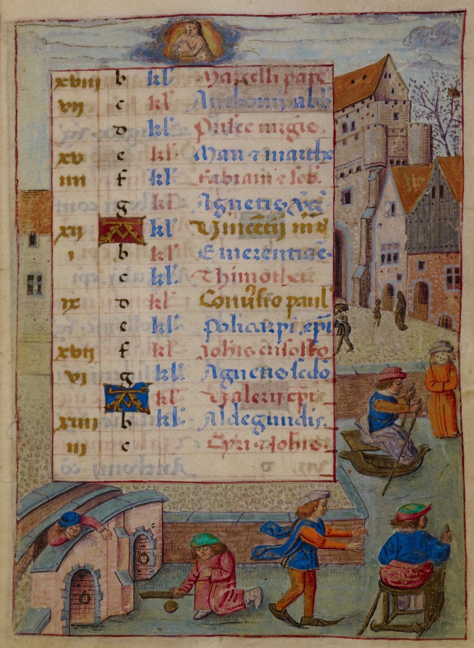 Afegeix. 18852, f.2 Pàgina del calendari de gener, il·lustració de "Hores de Joana de Castella" finlandès tekijältä Master of the David Scenes