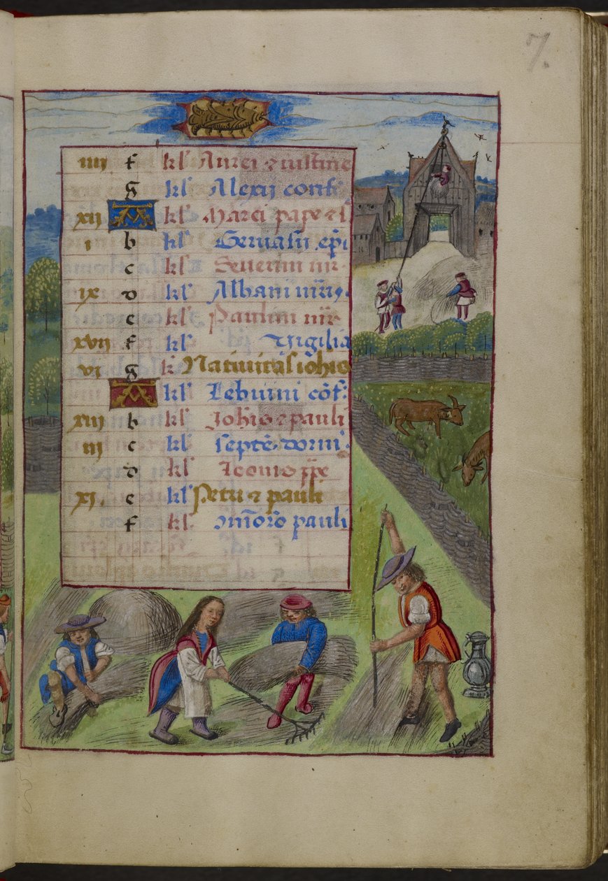 Lisää MS 18852 f.7r -kalenterisivu kesäkuulle. Ylhäällä Syöpä, teoksesta "Joanna of Castile", n. 1496-1506 (vellum) tekijältä Master of the David Scenes
