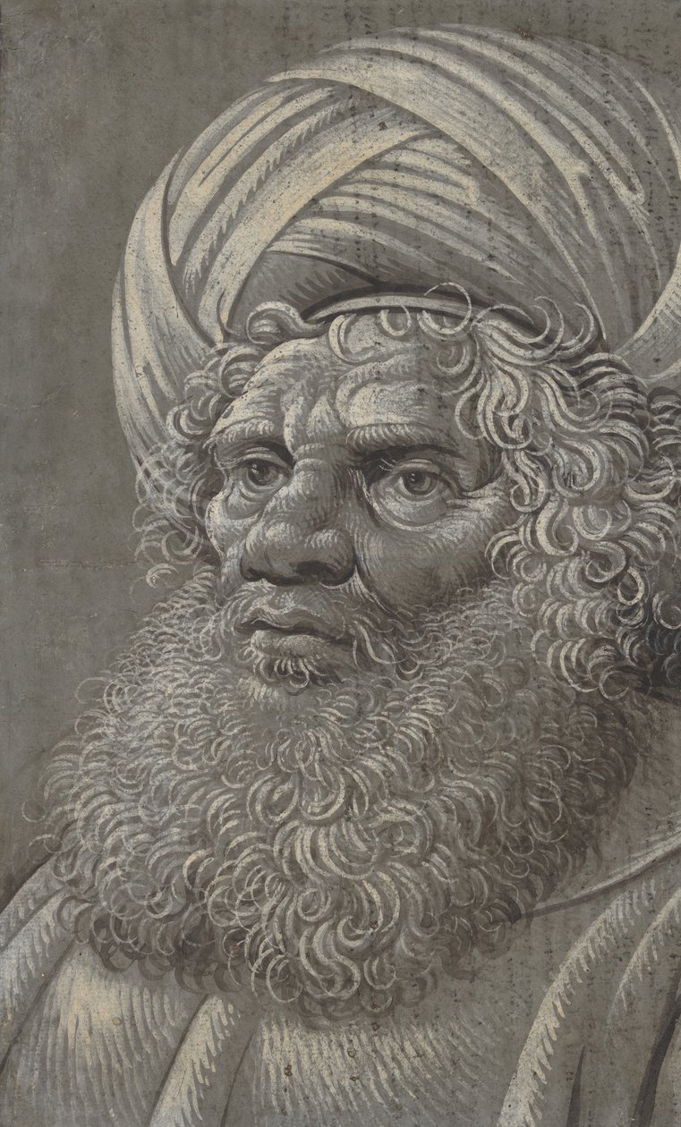 Parrakkaan miehen pää, jolla on turbaani recto, latinalainen kirjain, n. 1510. tekijältä Master of the Death of Absalom