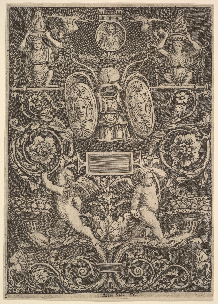 Alhaalla runsaudensarven päällä seisova koristetaulu, 1530-60. tekijältä Master of the Die