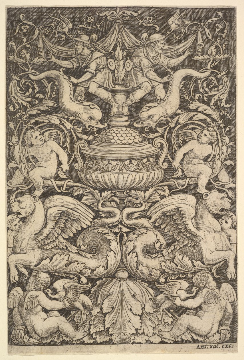 Koristepaneeli, jossa iso purkki keskellä, puttia ja muita hahmoja, 1530-60. tekijältä Master of the Die