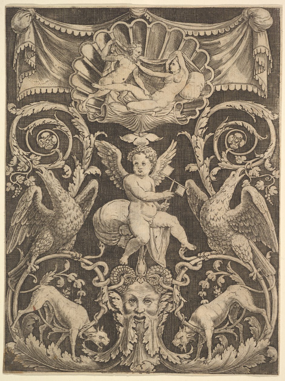 Koristepaneeli, jonka keskellä on putto ja tuulimylly, 1532. tekijältä Master of the Die