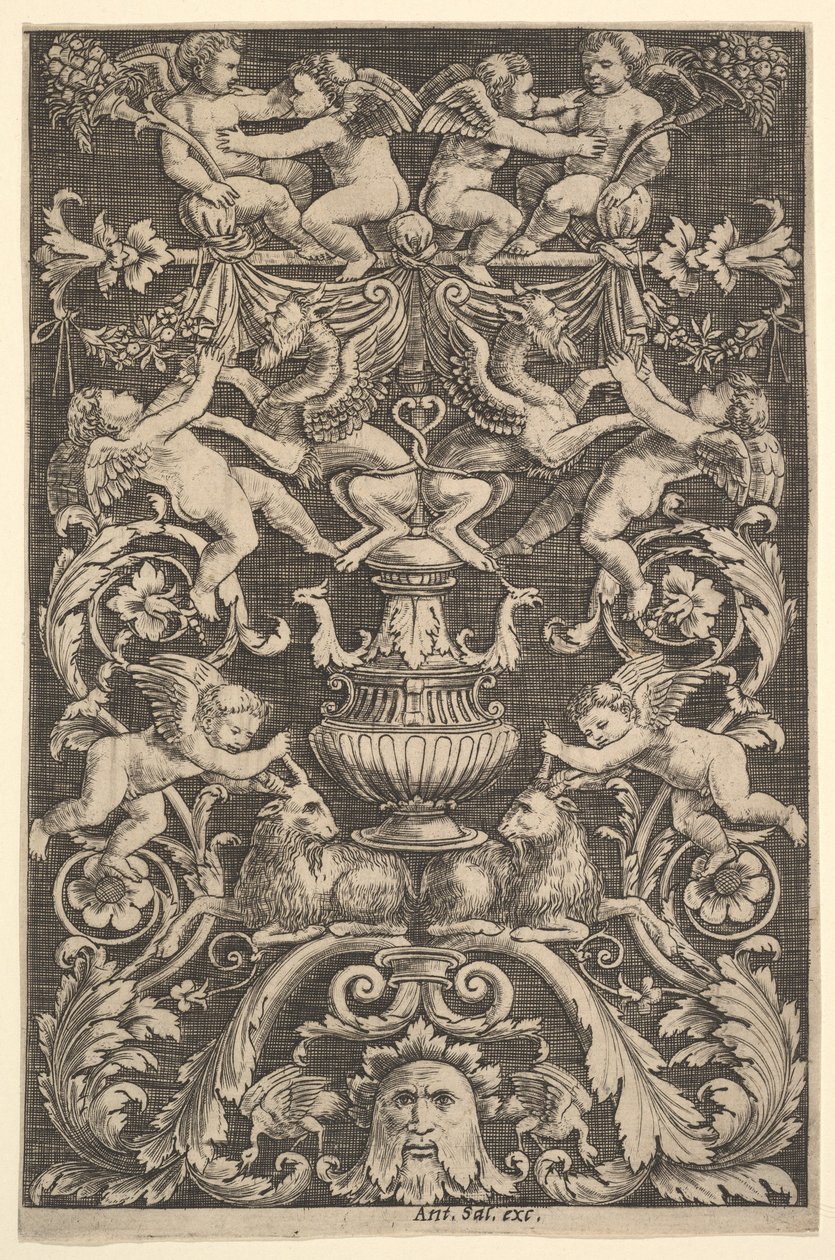 Koristetaulu putti-, vuohi- ja muita hahmoja, 1530-60. tekijältä Master of the Die