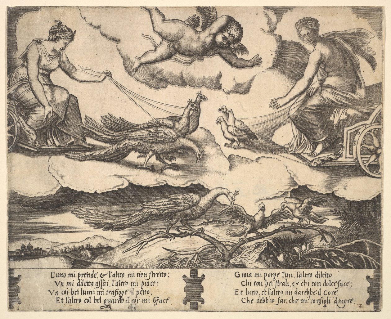 Allegoria avioliitosta ja rakkaudesta, Juno riikinkukkojen vetämissä vaunuissa vasemmalla, Venus..., 1530-60. tekijältä Master of the Die