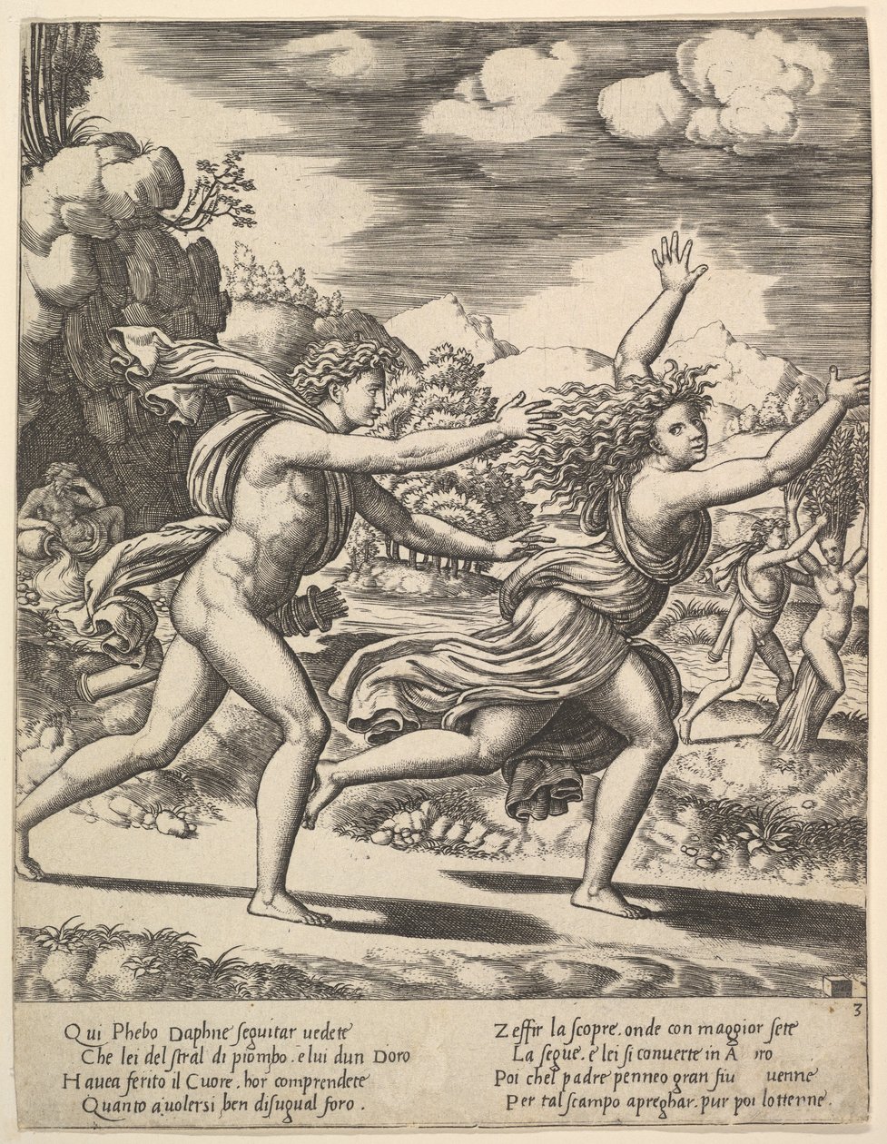 Apollo jahtaa Daphnea, joka nostaa kätensä ylös, taustalla oikealla näkyy äiti..., 1530-60. tekijältä Master of the Die