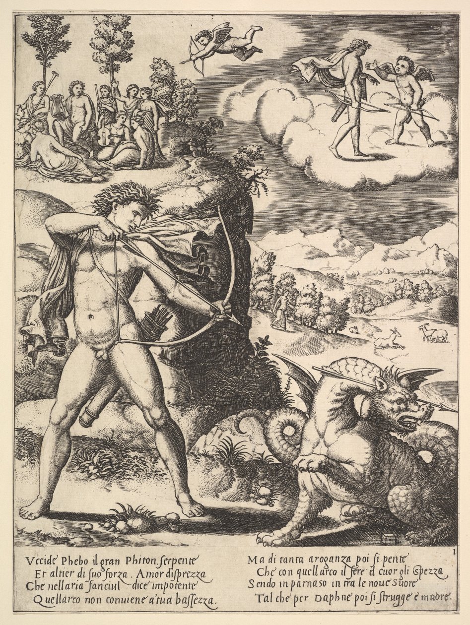 Apollo seisoo vasemmalla ampumassa pytonia nuolella, ylhäällä vasemmalla muse..., 1530-60. tekijältä Master of the Die