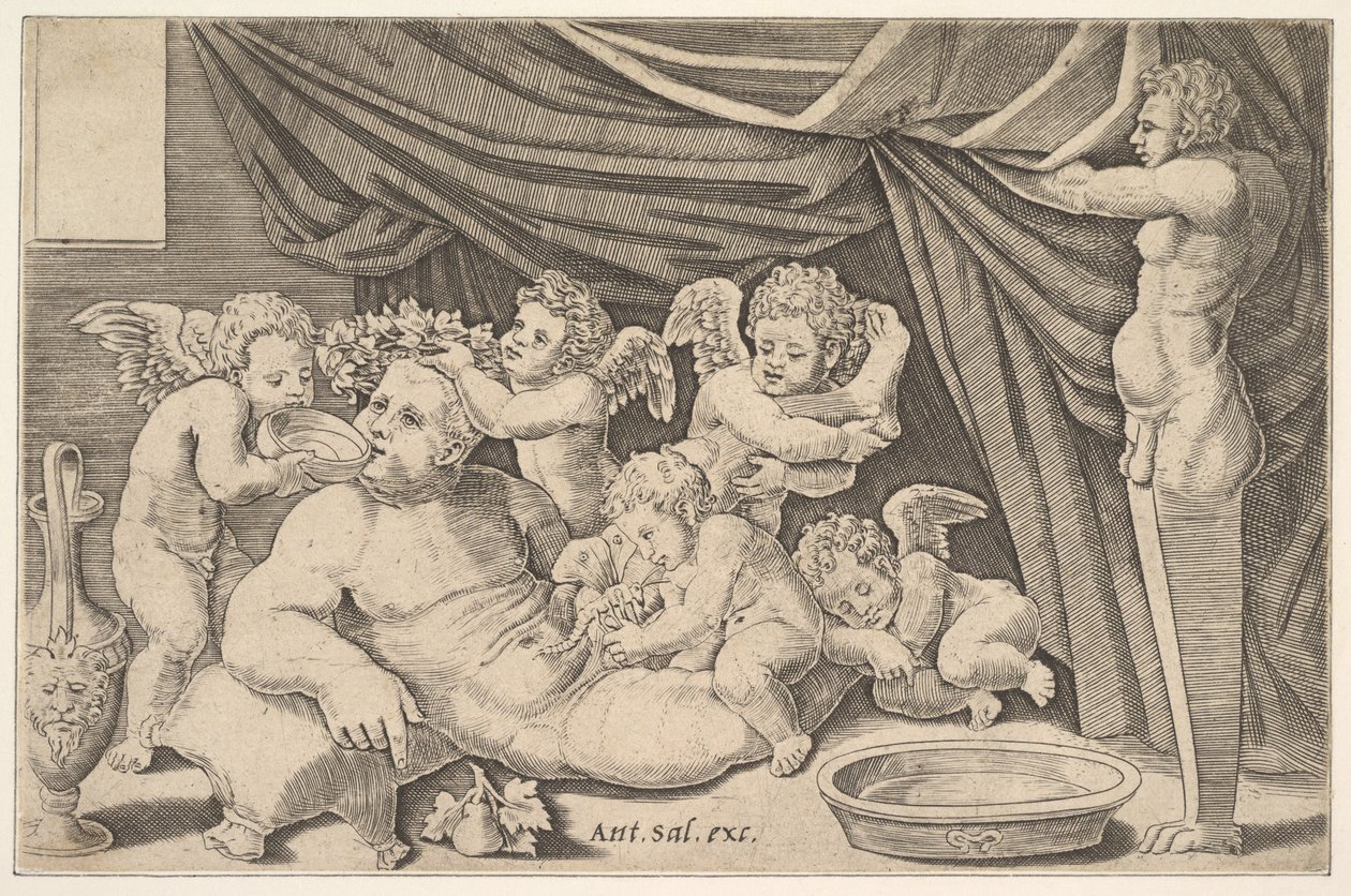 Bacchus, jota ympäröi Putti, oikealla Priapuksen patsas, 1530-60. tekijältä Master of the Die