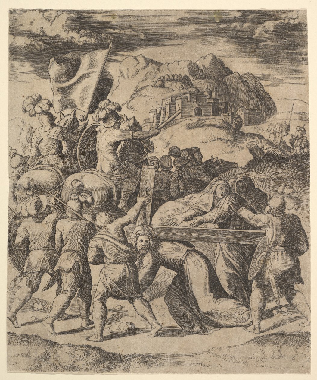 Kristus kantaa ristiä sotilaiden ympäröimänä, useat hevosen selässä, 1530-60. tekijältä Master of the Die