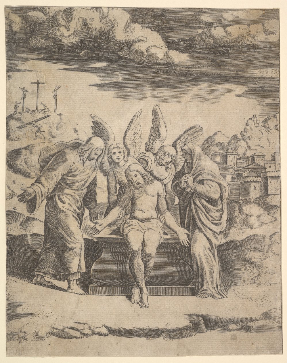 Kristus istuu haudalla enkelien tukemana, 1530-60. tekijältä Master of the Die